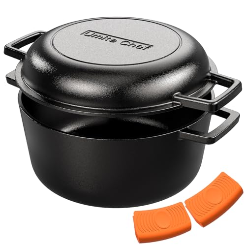 Cast Iron Dutch Oven Pot with Skillet Lid â€“ Pre-Seasoned â€“ Skillet Lid Cooking Panâ€“ PFAS-Free â€“Umite Chef Cast Iron Skillet Cookware for Bread, Frying, Baking â€“ Dual Handles â€“ Oven, Grill, Campfire & Stovetop Safe â€“ Durable & Non-Toxic, 5QT