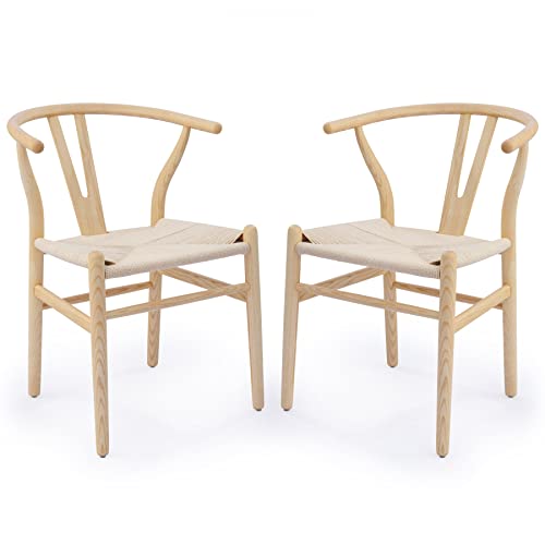 Letra Wishbone Chairs Set Of 2, Ash Wood Wishbone Dining Chair With Y Backrests Woven Paper Cord Seats, Mid Century Modern Chairs For Dining Room Fully-Assembled, Wooden Dining Chairs, Oak #TOP29