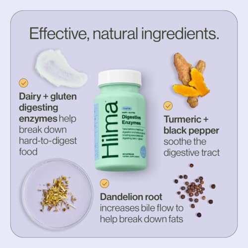 Image of Hilma Dairy and Gluten Digestive Enzymes, 60 Vegan Capsules | oNatural Gluten & Dairy Relief Pills for Gut Health & Bloating Relief with Lactase, Dandelion Root & Digestive Enzymes