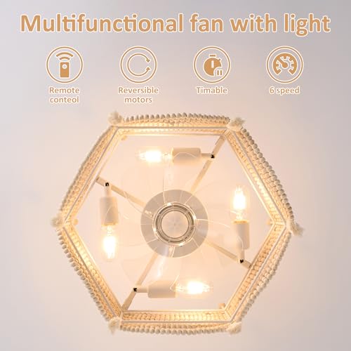 luansky 20 Inch Boho Ceiling Fans with Lights, Wooden Beaded Coastal Fandelier Ceiling Fan with Light, 6 Speeds Reversible for Bedroom, Kitchen, Indoor White - Image 6