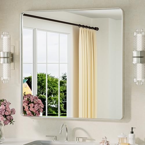 Image of TETOTE 36 x 36 Inch Brushed Nickel Mirror Metal Framed Bathroom Mirror, Tempered Glass, Modern Farmhouse Wall Mounted Mirror for Decorative(Horizontal /Vertical)