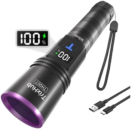 365nm Black Light Flashlight, UV Flashlight Rechargeable with LCD Display, Powerful Ultraviolet Lights for Pet Urine Detection, Resin Curing, Rockhounding, Scorpion, Uranium Glass, A/CLeak