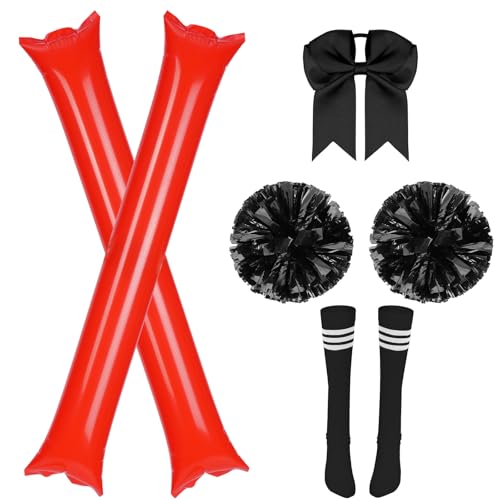 AYBUY Pompones Animadora, 6 Pcs Accesorios de Ropa para animadoras, 2 Cheer Leader Poms, 2 Aplaudidores hinchables, 1 Calcetines Deportivos, 1 Cinta para Pelo Lazo, para competición Deportiva (Negro)