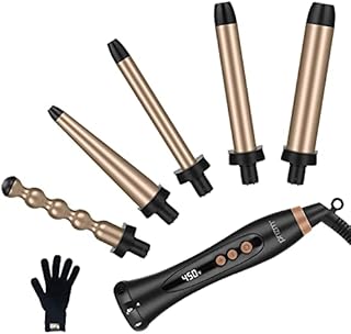 Prizm 5-in-1 Curling Iron Wand Set, LED Display, 11 Temp Settings, 0.6 to 1.25 Inch Interchangeable Tourmaline Coating Barrels, Hair Curler for Wavy/Air Bang/Ringlet/Spiral with Heat Resistant Glove