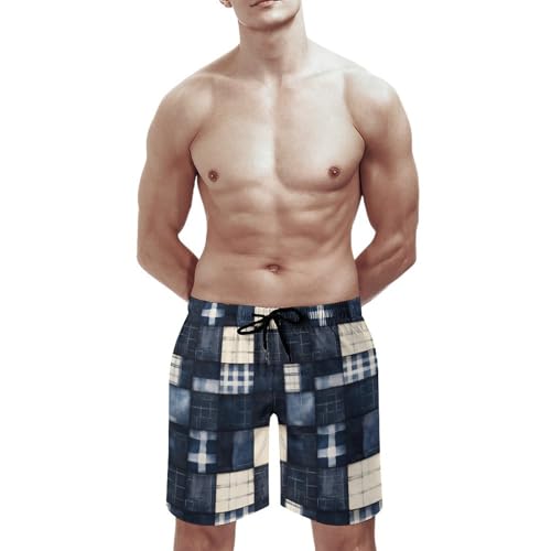 Retro Denim Plaid Print Mens Swim Trunks, Quick Dry Swim Shorts with Mesh Lining Swimwear Bathing Suits2