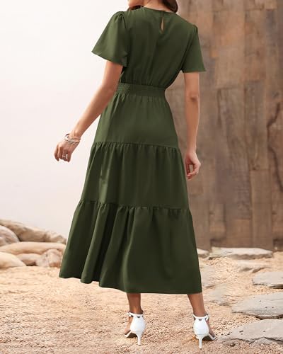 Image of PRETTYGARDEN Women's Casual Smocked Boho Floral A-Line Maxi Dress 2026 | Summer Short Flutter Sleeve Crewneck Tiered Long Sundress,Fall Wedding Guest Dresses,Spring Cute Flowy Beach Vacation Clothes