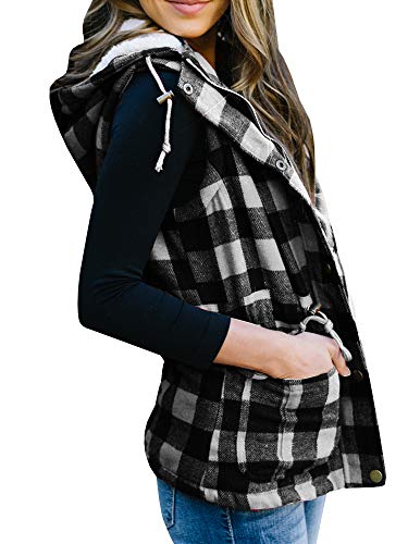 Imily Bela Womens Buffalo Hooded Plaid Corduroy Vest Flannel Winter Casual Coat Cardigan Black - Thumbnail 4