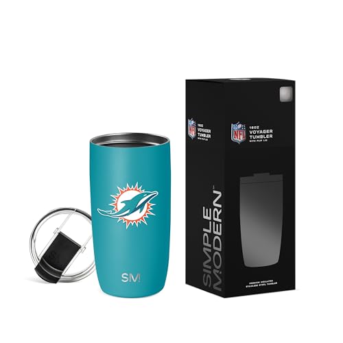 Image of Simple Modern Miami Dolphins Coffee Mug with Flip Lid | 16oz | NFL | Voyager Officially Licensed Dolphins Stainless Steel Coffee Tumbler | Football Gift for Men, Dad, Him, Her