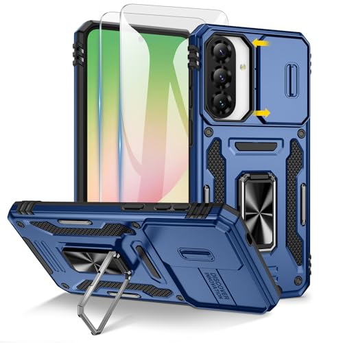 Funda para Samsung Galaxy A57 con 2 Protector Pantalla，[Protección Militar]，Soporte Anillo y Cubierta de Cámara Deslizante, Antigolpes Case para Samsung A57(Azul)