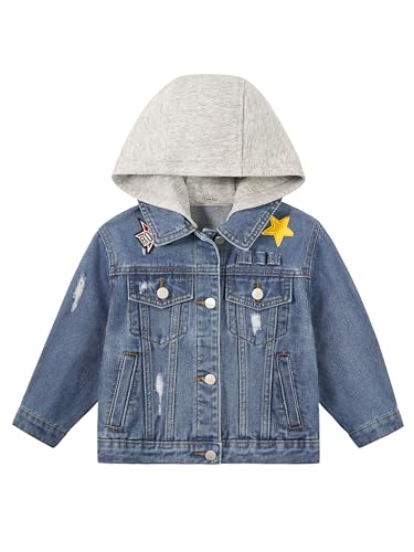 Image of Volunboy Toddler Hooded Denim Jackets Boys Spring Fall Ripped Jean Coat with Hood Long Sleeve Button Down Casual Outerwear
