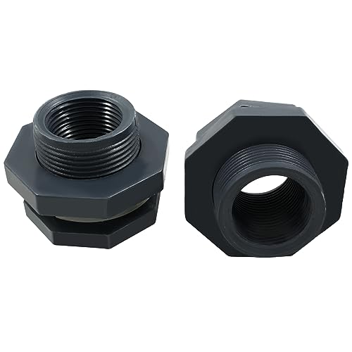 Image of 2pcs NPT1 PVC Bulkhead Fitting, 1 Inch Plastic Water Tank Connector Threaded Thru-Bulk Pipe Fittings for Rain Barrels, Aquariums, Bucket Hose Adapter, Ponds, Pools