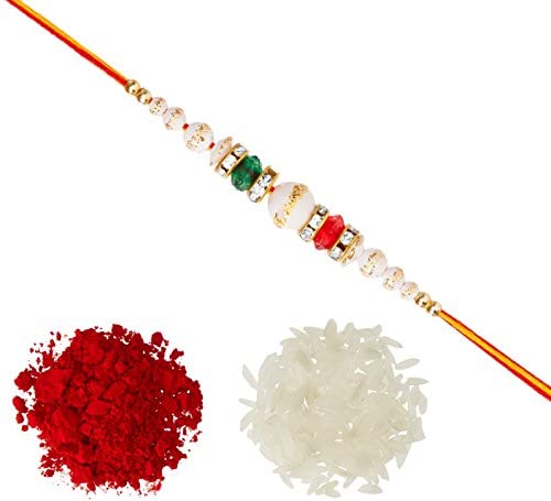 Image of White Ball AD Ring Rakhi with Roli Chawal Tilak For Men Boys (Golden) (R17712E)