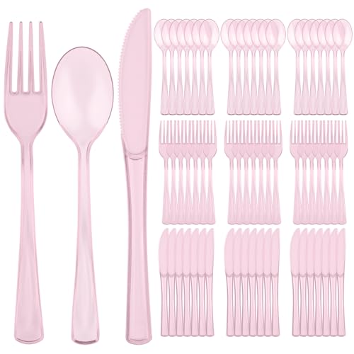 75 PCS Plastic Silverware Disposable Silverware Heavy Duty Utensil Sets 25 Of Each Forks Knives & Spoons Disposable Cutlery Set For Easter Birthday Baby Shower Garden Party Wedding(75 Pink)
