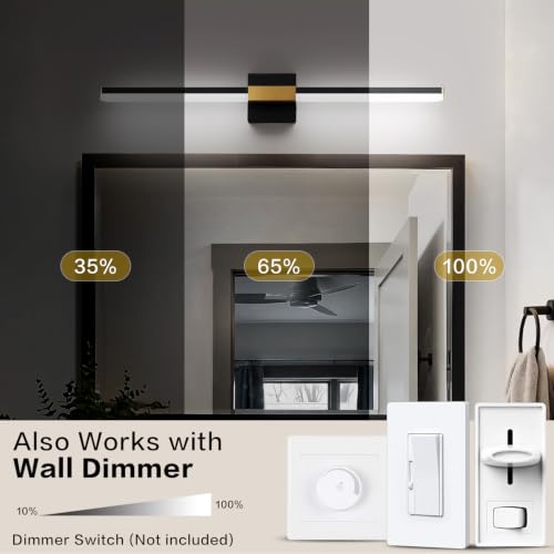 Image of SOLFART Bathroom Lighting Fixtures Over Mirror: 32-Inch Black and Gold Dimmable Built-in Step Dimming Vanity Light ETL IP44