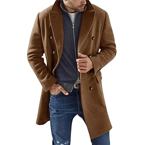 Mens Faux Suede Mid Length Peacoat Notch Lapel Double Breasted Outerwear Jacket Wool Lined Thick Jacket with Pockets