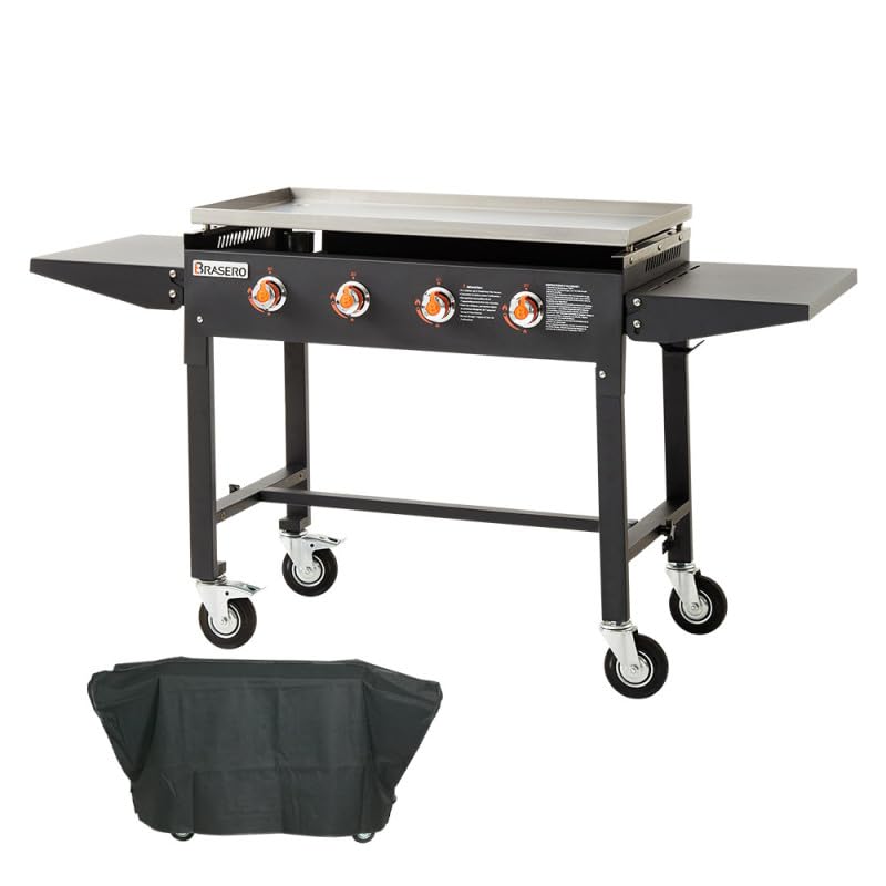 BRASERO BY FAVEX – Plancha gaz Carmen 4 feux – Grande surface – Jusqu'à 12 à 14 convives – Cuisson homogène – Housse incluse