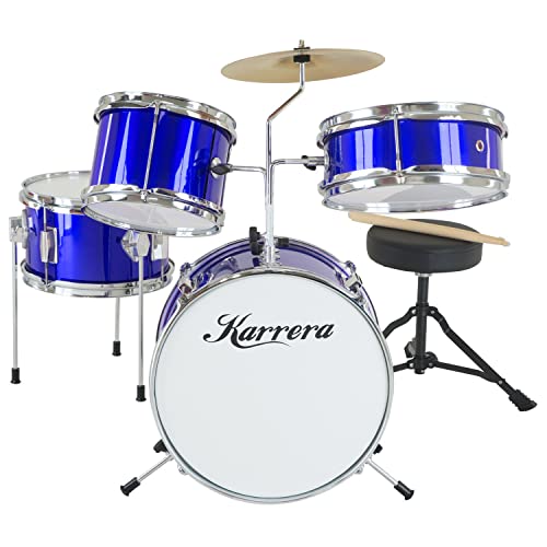 Karrera Mini 4 Piece Drum Kit Set Wooden | 2 Toms | Bass | Snare | Stool - Metallic Blue