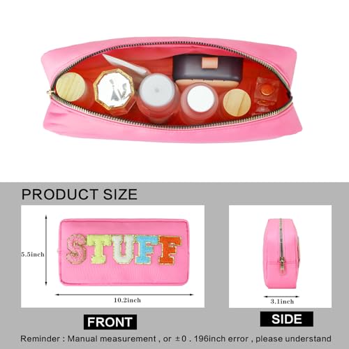 DYSHAYEN Nylon Stuff Cosmetic Bag Small Travel Preppy Makeup Pouch Bag for Women Girls with Chenille Letter Patches (Pink-STUFF)4