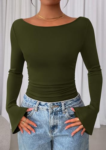Image of PRETTYGARDEN Women Long Sleeve Shirt 2025 Crop Casual Boat Neck Bell Sleeve Ribbed Ruched Y2K Clothing