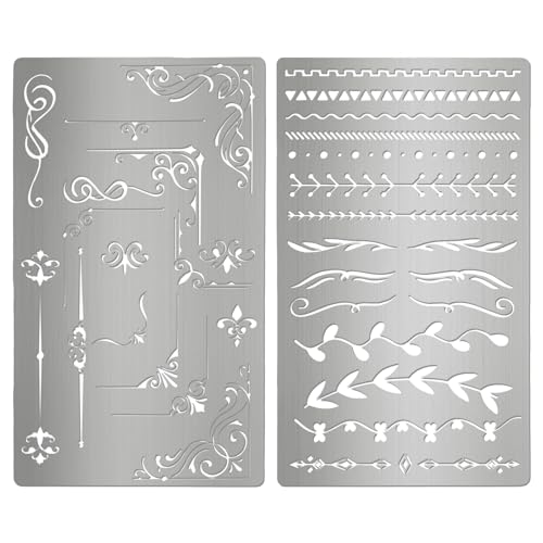 Metal Stencil for Journaling - 4x7 Inch Reusable Stainless Steel Border & Line Templates Decorative Edge Guide for Bullet Journal Wood Burning Scrapbooking A5 Notebook