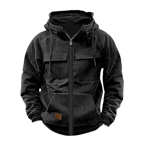 Mens Tactical Hoodies Full-Zip Hooded Sweatshirt Vintage Casual Hoodie with Cargo Pockets