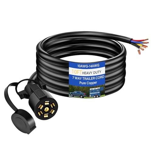 Image of 10 FT Heavy Duty 7 Way Trailer Cord Pure Copper 7 Way Trailer Plug Inline Cord 120 inch 7 Pin Trailer Wiring Harness Double Blade Molded 7 Pin Round Plug for Rvs Camper