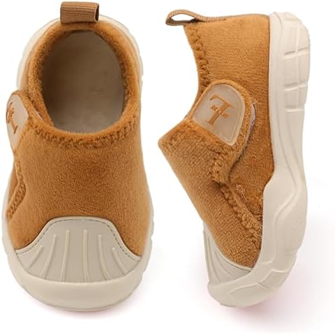L-RUN Girls Slippers for Kids Warm Faux Fur House Indoor Slippers Non Slip Winter Slippper Lightweight Brown 7 Toddler Cover