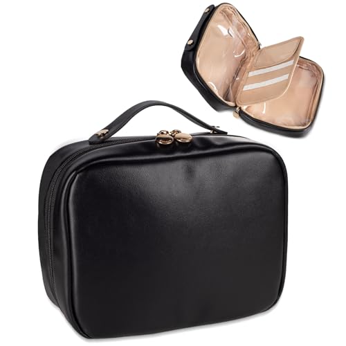 Abiudeng Makeup Bag Travel Wide-Open Make Up Bag with Brush Compartments Large Portable Cosmetic Bag Pouch with Handle PU Leather Water-Resistant Makeup Organiser Bag for Women-Black