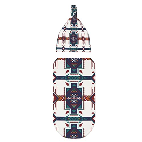 Image of Western Aztec babay Stuff Newborn Baby Swaddle Blanket Native Southwest Sleep Sack Wrap Blanket Soft Stretchy with Beanie Hat Sets for Infant Boy Girl Gifts