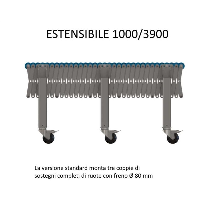 Rulliera estensibile in acciaio a doppio rullo mm.600x1000/3900xh.550-860 per movimentare prodotti industriali ES6/10/39/RDF