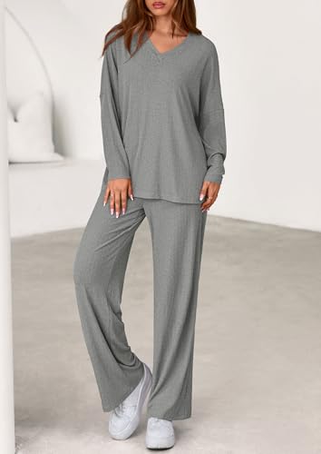 PRETTYGARDEN 2 Piece Lounge Sets for Women Fall Outfits 2025 Casual Loose Long Sleeve Tops Wide Leg Pants Matching Pajama Set