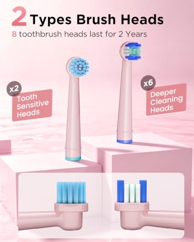 Image of Rtauys Rotating Electric Toothbrush for Adults with 8 Brush Heads (2 Types), 5 Modes Rechargeable Power Toothbrush with Travel Case and 2 Minute Smrte Timer (Pink)