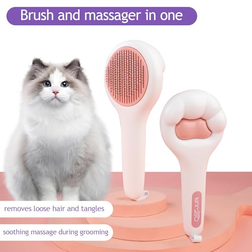 Image of Cat Brush for Long or Short Haired Cats and Dogs, Self Cleaning Pet Hair Brush, Removes Loose Fur, Tangles, Mats, Dander, Dirt, Provides Relaxing Massage, Pink White