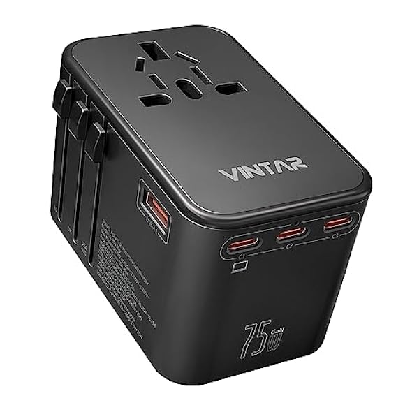 Adaptador de Viaje Universal, VINTAR Adaptador Internacional 75W GAN con 3 USB-C y 1 USB-A, Todo en uno Esencial de Viaje para Reino Unido/UE/USA, Adaptador de Corriente Global para PC y móvil.