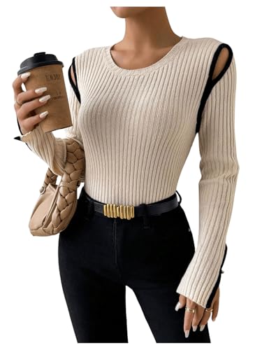 Image of SweatyRocks Women's Cutout Crewneck Long Sleeve Tops 2025 Fall Basic Knitted Ribbed Pullover Sweater