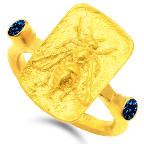 Caprixus 925 Sterling Silver Signet Ring Ancient Artemis Greek Queen Honey Bee Coin 24K Gold Vermeil Diamond Cut Dark Blue Color Cubic Zirconia Hammered Handmade Turkish Fine Bumblebee Jewelry