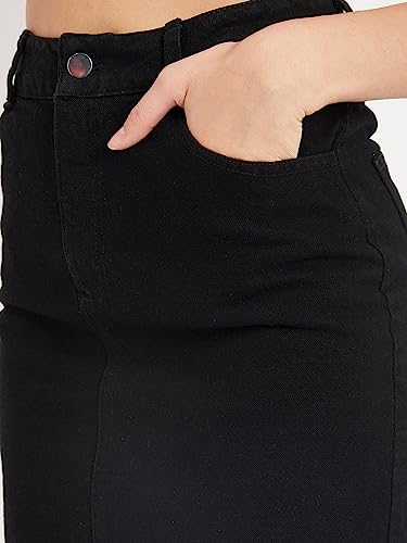 Image of DRAPE AND DAZZLE Mini Skirt with Back Slit Denim Black Short Cotton Skirt with 4 Pocket for Women | Denim Short Skirt for Women & Girl's | Stretchable Western Denim Skirt for Women