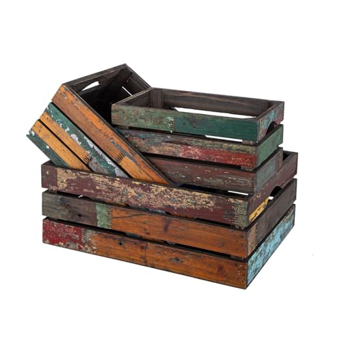 Venalys Set of 3 Distressed Wood Nesting Crates Rustic Storage Wooden Crate Boxes Farmhouse Stackable Wooden Basket Containers for Display (Random)