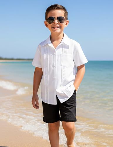 Image of Boys Guayabera Shirt Short Sleeve Button Down Casual Linen Shirt with Pockets for Summer Hawaiian Holiday 4-13Y