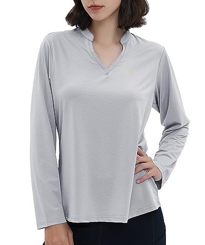 Camiseta de manga larga para mujer UPF 50+ con protección solar UV, para senderismo, deportes al aire libre, surf, natación, correr, golf, gris claro, L