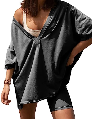 LTSCNRM 2 Piece Outfits for Women Reversible Oversized T Shirt Biker Shorts Sets Workout Tracksuit3