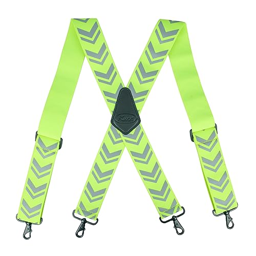 KUNN 2 Inch Reflective Safety Suspenders Work Elastic Suspenders with Hi Viz Strip X Back Suspenders for Men Lime Green Black Plating Hook
