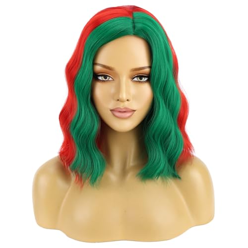 Image of BERON Christmas Short Curly Wavy Wig for Women Girls Red and Green Side Part Costume Heat Resistant Synthetic Wig for Cosplay Party or Daily