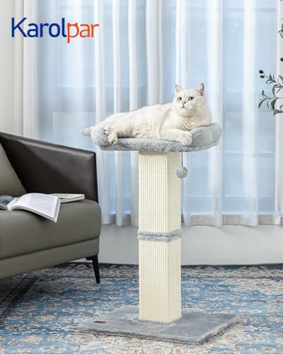 Karolpar 32" Cat Scratching Post for Indoor Cats, Sisal Cat Scratcher with Plush Perch, Large Scratch Post with Bed, Removable Cover, Sisal Fabric,Light Grey - Image 2