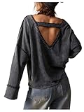 RoseSeek Women's V Neck Cut Out Open Back Sweatshirt Long Sleeve Drop Shoulder Loose Pullovers Black Small