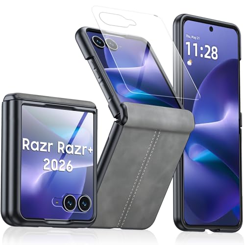 Image of for Motorola Razr+ Plus 2026 Case /Razr+ Plus 2025 Case with Hinge Protection & Built-in Outer Screen Protector, PU Leather Matte PC Shockproof Cover, Ultra Slim Case for Razr+ 2026 /2025-Gray
