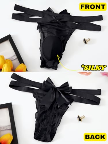 Mens Satin Bow Thong Lingerie, Criss Cross Sheer Silky Pouch, Low Rise Sissy Femboy Panties, Sexy Mesh Underwear3