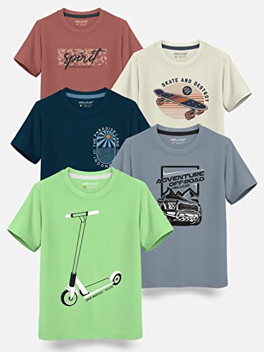 Image of HELLCAT Boys Round Neck Printed Blended Cotton Tshirt -Combo Pack of 2 - Orange /Blue