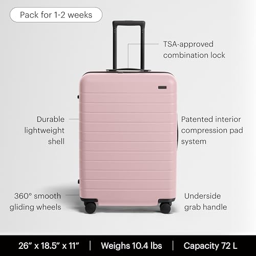 Image of Away Medium Checked Luggage - 26-Inch Lightweight Hardside Suitcase with Custom WhisperGlide 360 Wheels, Interior Compression System, TSA-Accepted Lock - Blush Pink