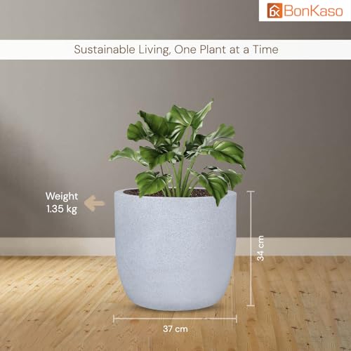 Image of BonKaso 14 inch White Pot - Tall, Durable & Lightweight Polymer Jaguar Round Planter for Indoor & Outdoor Use: Home, Office, Garden & Balcony (Gamla /Gamale)